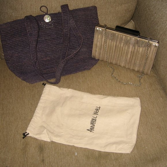 ❤️3 ANNABEL INGALL Raffia Tote Shoulder Bag Metallic Silver Evening Bag +Dustbag